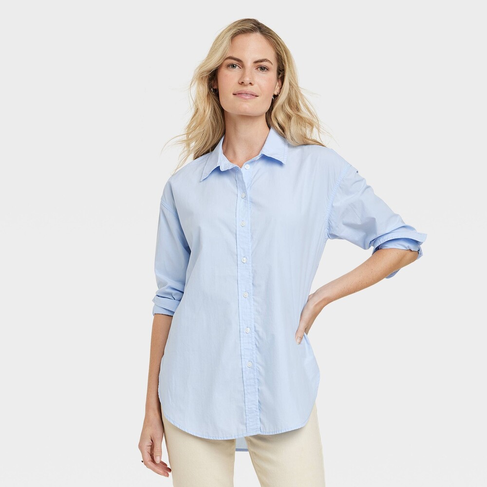 Oversized Long Sleeve Collared Button-Down Shirt - Blue L